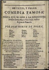 Tetis y Peleo : fiesta que se hizo a las bodas de la Serenissima Señora doña María Teresa de Austria, Reyna de Francia / de Don Ioseph de Bolea | Biblioteca Virtual Miguel de Cervantes