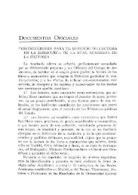 Documentos oficiales. Instrucciones para el servicio de lectura en la Biblioteca de la Real Academia de la Historia / Vicente Castañeda | Biblioteca Virtual Miguel de Cervantes