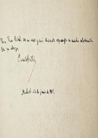 Dedicatoria de Camilo José Cela en un ejemplar de su libro "Gavilla de fábulas sin amor" / Camilo José Cela | Biblioteca Virtual Miguel de Cervantes
