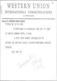Telegrama por cable a Amanda Xammmar, 18 de octubre de 1958 | Biblioteca Virtual Miguel de Cervantes