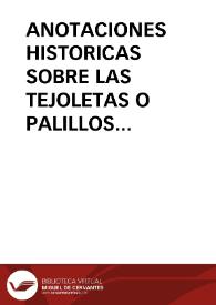 ANOTACIONES HISTORICAS SOBRE LAS TEJOLETAS O PALILLOS CASTELLANOS / Varela De Vega, Juan Bautista | Biblioteca Virtual Miguel de Cervantes